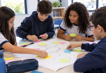 Alunos de ensino fundamental exercitando uma dinâmica de pensamento visual.