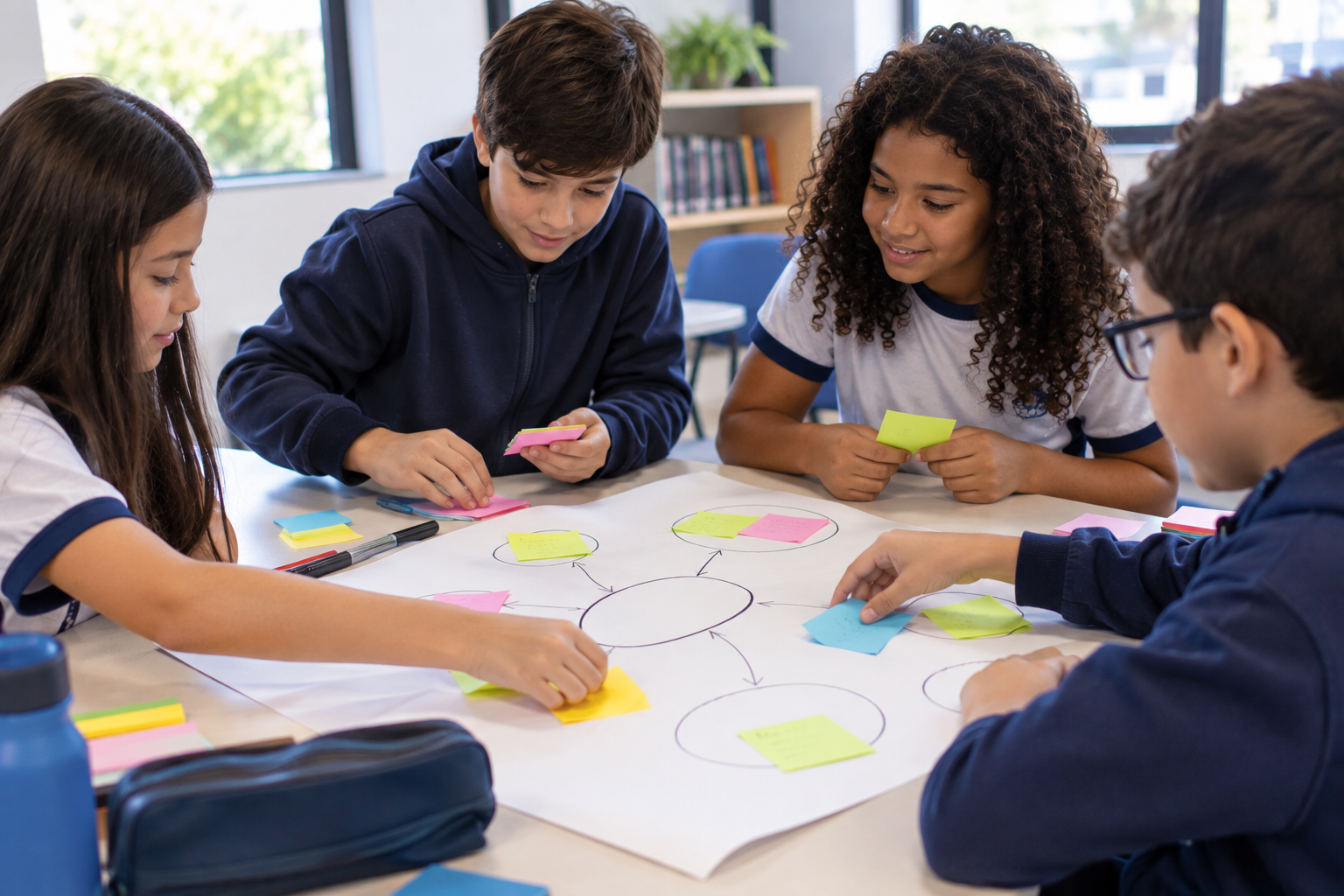Alunos de ensino fundamental exercitando uma dinâmica de pensamento visual.