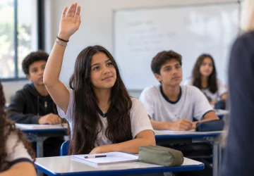 Aluna levantando a mão para fazer pergunta sobre o que não entende em aula, fator que influencia como evidência de aprendizagem.