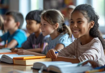 Alunos usando material didático com tecnologia