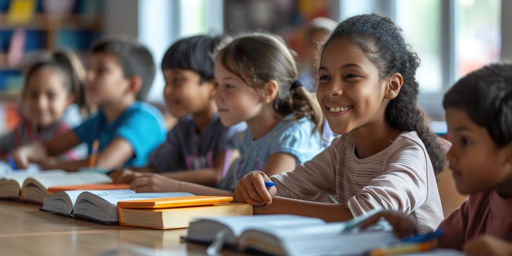 Alunos usando material didático com tecnologia