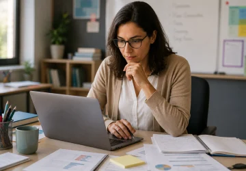 Professora analisando os indicadores educacionais para gestão escolar