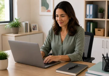 Gestora escolar analisando as avaliações da aprendizagem de acordo com dados