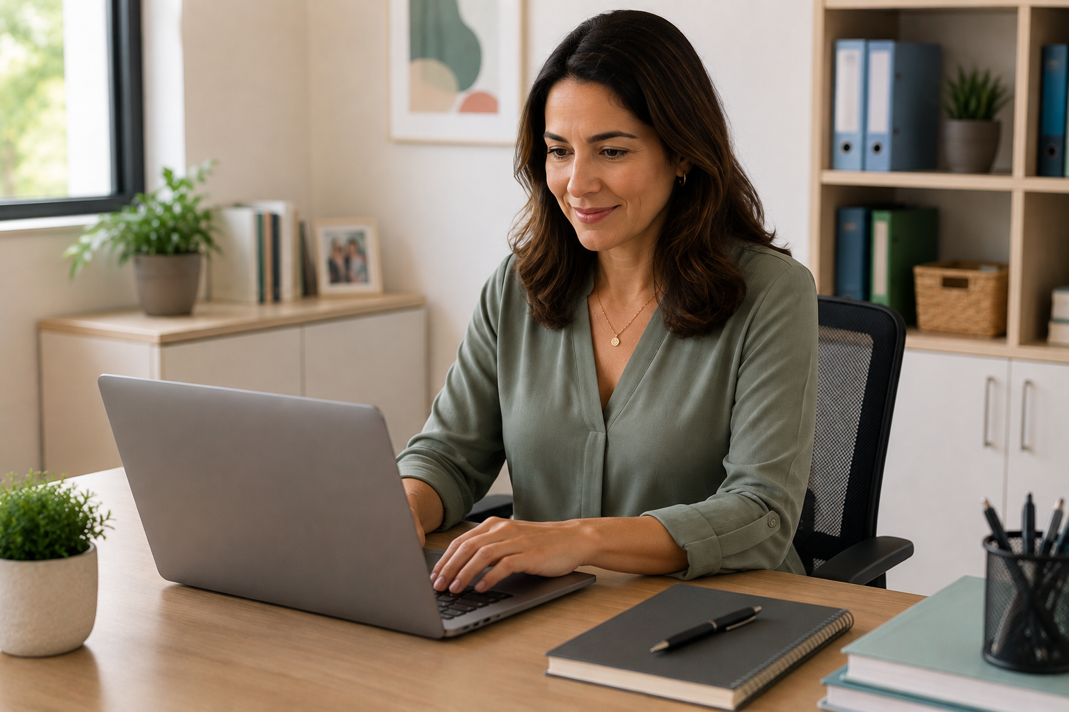 Gestora escolar analisando as avaliações da aprendizagem de acordo com dados