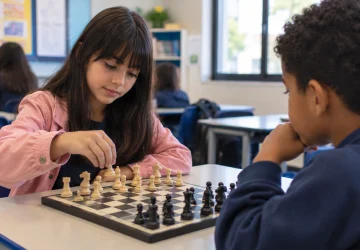 Alunos jogando xadrez em uma aula temática de BNCC da computação.