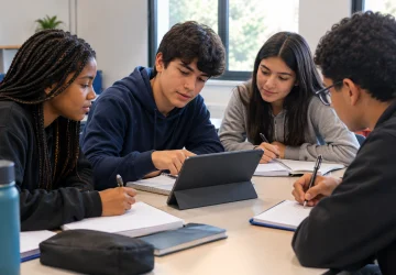 Grupo de alunos exercitando letramento digital em uma atividade.
