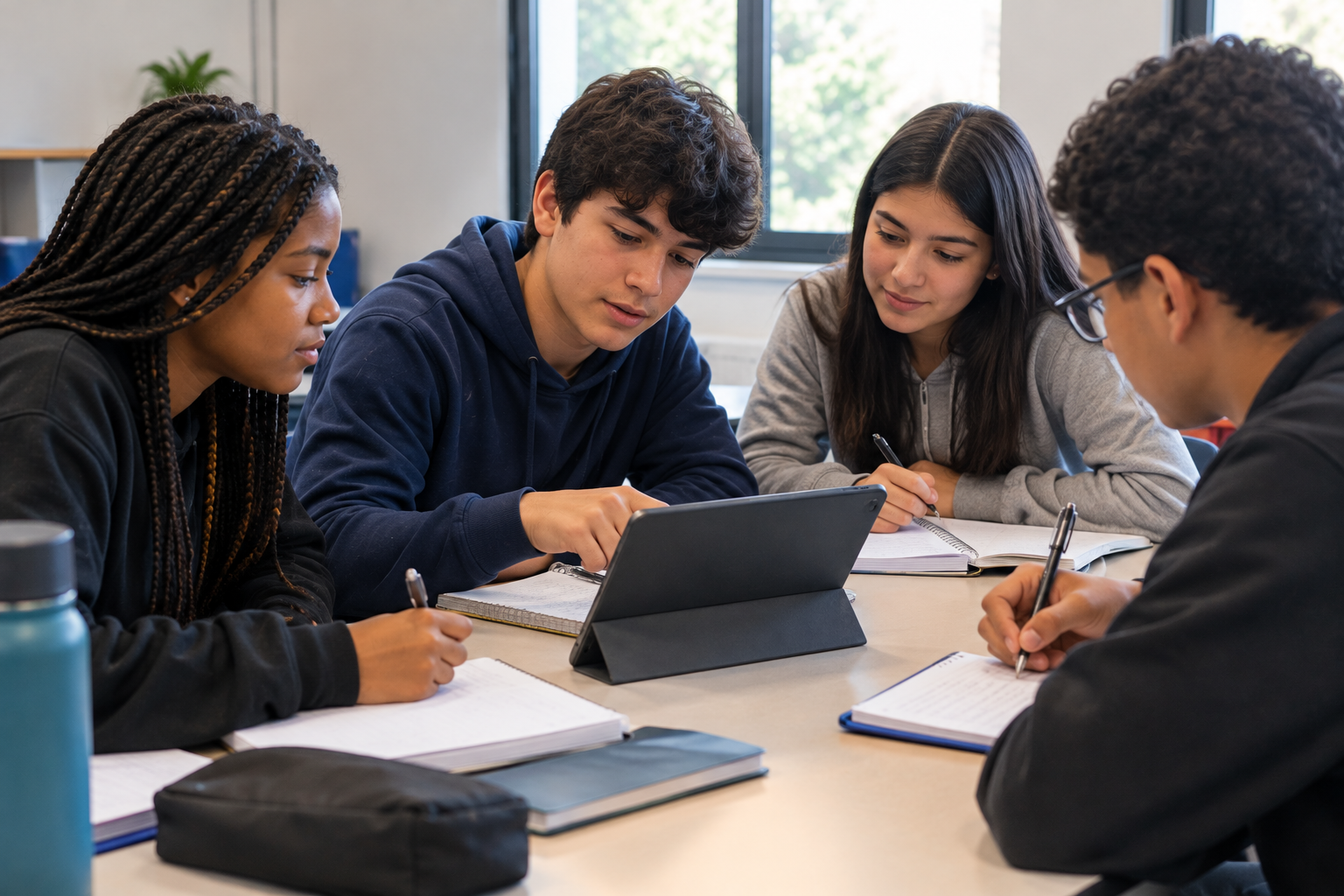 Grupo de alunos exercitando letramento digital em uma atividade.