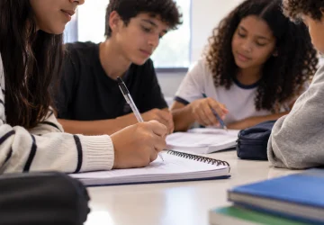 Grupo de alunos fazendo anotações em uma aula estratégica de recomposição de aprendizagens.