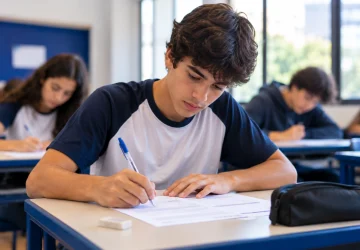 Aluno fazendo avaliação em uma escola que segue o padrão do SAEB para medir resultados.