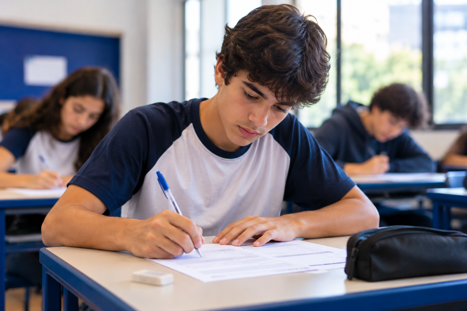 Aluno fazendo avaliação em uma escola que segue o padrão do SAEB para medir resultados.